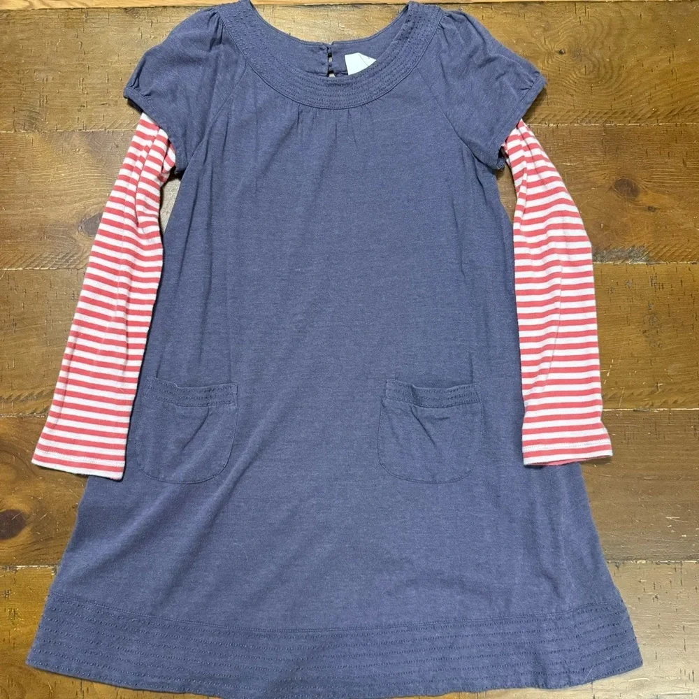 Mini Boden Blue Dress with Red Striped Sleeves